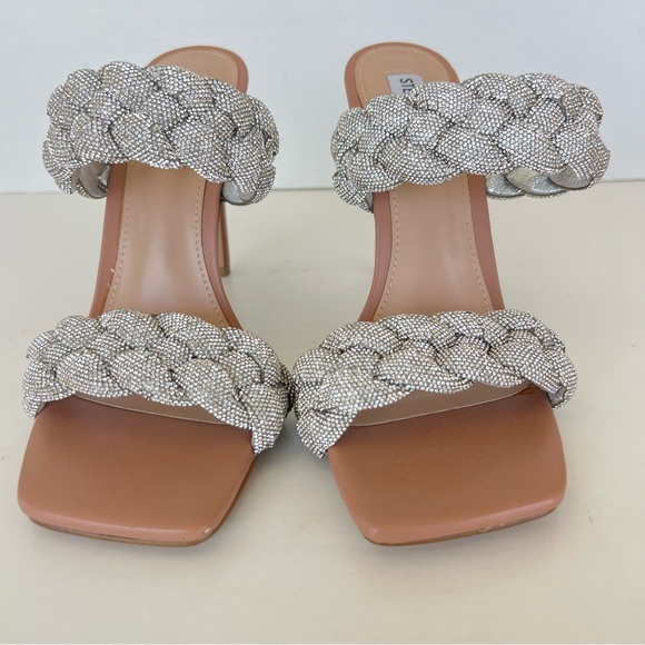 ♦️SOLD♦️STEVE MADDEN Kelley Silver Rhinestone Crystal Braided Beige Heels Sandal - Picture 4 of 16